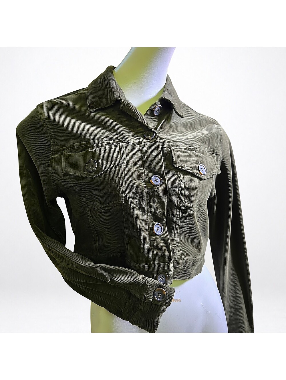 Love Tree Olive Corduroy Cropped Trucker Jacket Women's Small